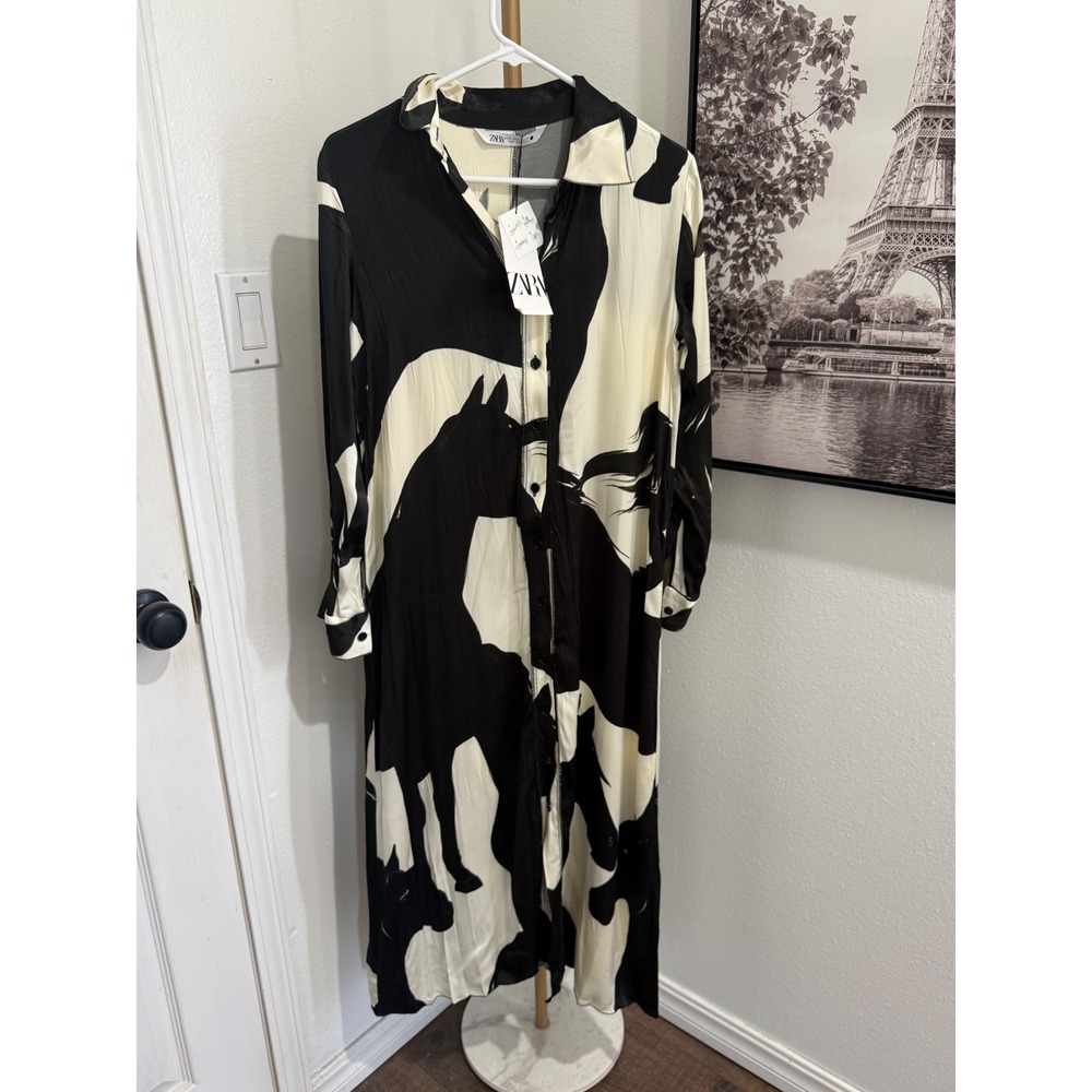 Zara Horse Print Shirt Dress Black Cream Long Sleeve Button Up NEW M 8907/065